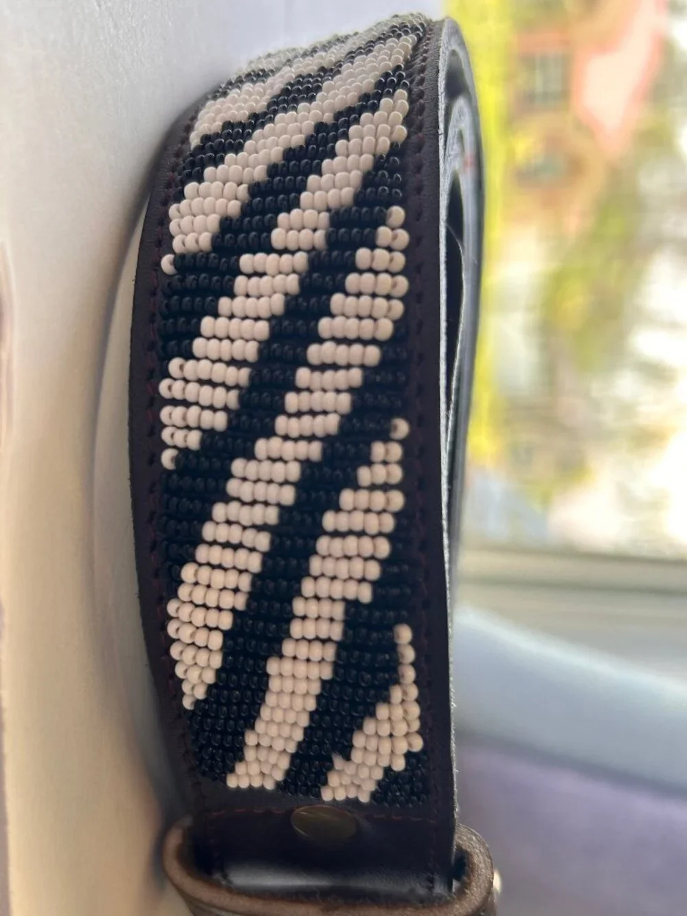 Beaded Zebra Print Brown Leather Belt 1.5